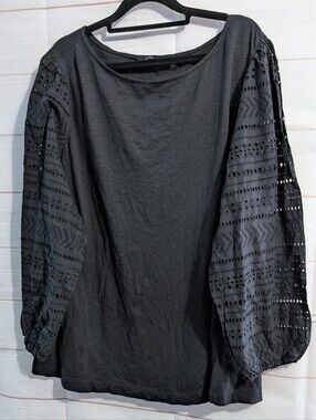 G by Giuliana Black Eyelet Balloon-Sleeve Blouse Size 2X